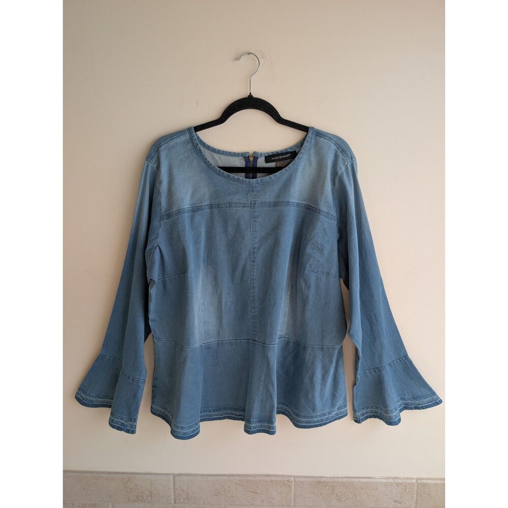 Ashley Stewart Women 16 Chambray Denim Top Bell Sleeve Cotton Boho Relaxed